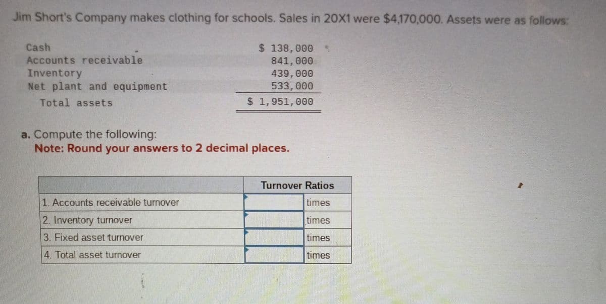 Jim Short's Company makes clothing for schools. Sales in 20X1 were $4,170,000. Assets were as follows:
Cash
Accounts receivable
Inventory
Net plant and equipment
Total assets
$ 138,000.
841,000
439,000
533,000
$ 1,951,000
a. Compute the following:
Note: Round your answers to 2 decimal places.
1. Accounts receivable turnover
2. Inventory turnover
3. Fixed asset turnover
4. Total asset turnover
Turnover Ratios
times
times
times
times