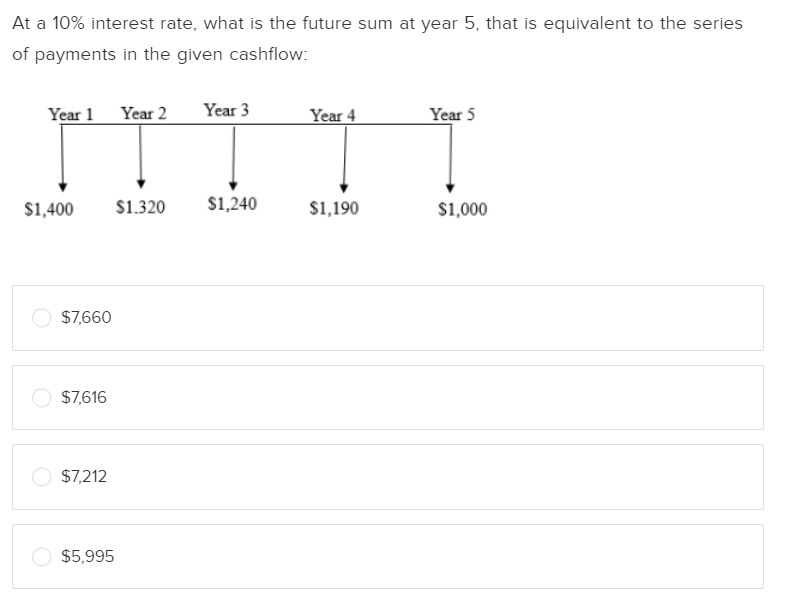 At a 10% interest rate, what is the future sum at year 5, that is equivalent to the series
of payments in the given cashflow:
Year 1 Year 2
$1,400
$7,660
$7,616
$7,212
$1.320
$5,995
Year 3
$1,240
Year 4
$1,190
Year 5
$1,000