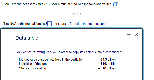 Calculate the net asset value (NAV) for a mutual fund with the following values:
The NAV of the mutual fund is $
Data table
per share. (Round to the nearest cent.)
(Click on the following icon in order to copy its contents into a spreadsheet.)
Market value of securities held in the portfolio
= $4.3 billion
Liabilities of the fund
= $168 million
= 318 million
Shares outstanding
X