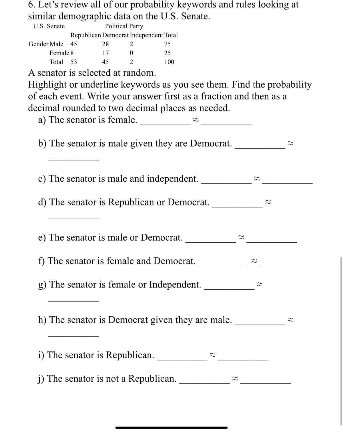 6. Let's review all of our probability keywords and rules looking at
similar demographic data on the U.S. Senate.
U.S. Senate
Political Party
Republican Democrat Independent Total
75
25
100
28
17
45
Gender Male 45
Female 8
Total 53
A senator is selected at random.
Highlight or underline keywords as you see them. Find the probability
of each event. Write your answer first as a fraction and then as a
decimal rounded to two decimal places as needed.
a) The senator is female.
2
0
2
b) The senator is male given they are Democrat.
c) The senator is male and independent.
d) The senator is Republican or Democrat.
e) The senator is male or Democrat.
f) The senator is female and Democrat.
g) The senator is female or Independent.
h) The senator is Democrat given they are male.
i) The senator is Republican.
j) The senator is not a Republican.
22
22
22
22
22
22
22