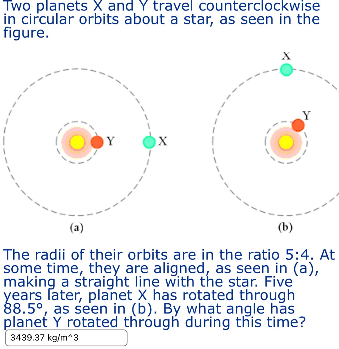Two planets X and Y travel counterclockwise
in circular orbits about a star, as seen in the
figure.
Y
X
Y
(a)
(b)
The radii of their orbits are in the ratio 5:4. At
some time, they are aligned, as seen in (a),
making a straight line with the star. Five
years later, planet X has rotated through
88.5°, as seen in (b). By what angle has
planet Y rotated through during this time?
3439.37 kg/m^3