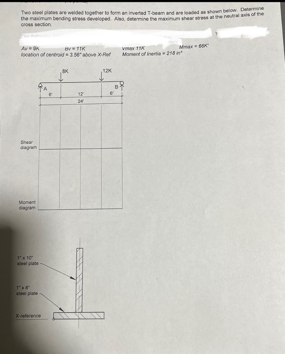 Two steel plates are welded together to form an inverted T-beam and are loaded as shown below. Determine
the maximum bending stress developed. Also, determine the maximum shear stress at the neutral axis of the
cross section.
The following Inte
Av = 9K
Bv = 11K
location of centroid = 3.56" above X-Ref
Shear
diagram
Moment
diagram
1" x 10"
steel plate
1" x 8"
steel plate
X-reference
A
6'
8K
12'
24'
12K
6'
B
of your work is accurate. Yo
ment
Mmax = 66K'
Vmax 11K
Moment of Inertia = 218 inª