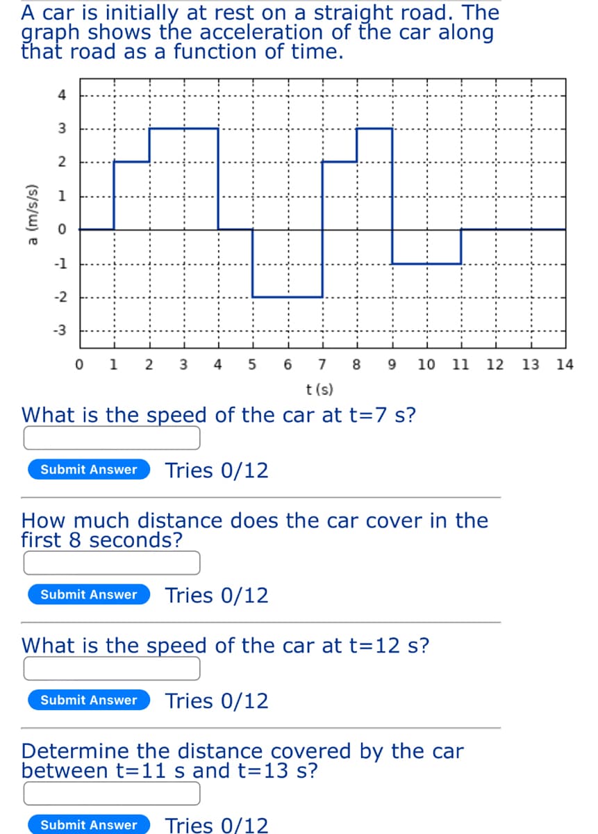 A car is initially at rest on a straight road. The
graph shows the acceleration of the car along
that road as a function of time.
a (m/s/s)
4
3
2
-1
-2
-3
0 1 2 3
4 5
Submit Answer Tries 0/12
7
t (s)
What is the speed of the car at t=7 s?
Submit Answer Tries 0/12
6
How much distance does the car cover in the
first 8 seconds?
8 9 10 11 12
Submit Answer Tries 0/12
What is the speed of the car at t=12 s?
Submit Answer Tries 0/12
Determine the distance covered by the car
between t=11s and t= 13 s?
13 14