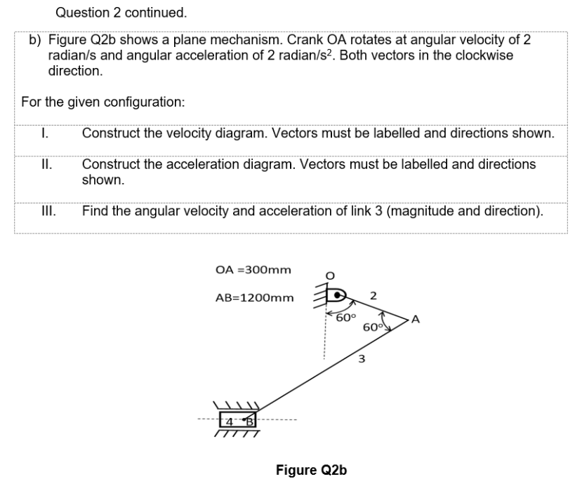 Question 2 continued.
b) Figure Q2b shows a plane mechanism. Crank OA rotates at angular velocity of 2
radian/s and angular acceleration of 2 radian/s?. Both vectors in the clockwise
direction.
For the given configuration:
I.
Construct the velocity diagram. Vectors must be labelled and directions shown.
I.
Construct the acceleration diagram. Vectors must be labelled and directions
shown.
II.
Find the angular velocity and acceleration of link 3 (magnitude and direction).
OA =300mm
AB=1200mm
2
60°
60
A
Figure Q2b
3.

