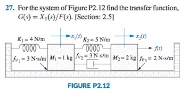 27. For the system of Figure P2.12 find the transfer function,
G(s)= X₁(s)/F(s). [Section: 2.5]
x₁ (1)
K₁ = 4 N/m
0000
- f(t)
fv₁ = 3 N-s/m M₁ = 1 kg|fv₂ =3 N-s/m| M₂= 2 kg|fv3 = 2 N-s/m
K₂=5 N/m
0000
-x₂(1)
FIGURE P2.12