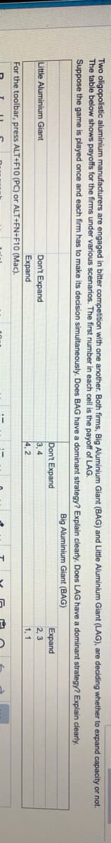 Two oligopolistic aluminium manufacturers are engaged in bitter competition with one another, Both firms, Big Aluminium Giant (BAG) and Little Aluminium Giant (LAG), are deciding whether to expand capacity or not.
The table below shows payoffs for the firms under various scenarios. The first number in each cell is the payoff of LAG.
Suppose the game is played once and each firm has to make its decision simultaneously. Does BAG have a dominant strategy? Explain clearly. Does LAG have a dominant strategy? Explain clearly.
Big Aluminium Giant (BAG)
Don't Expand
3, 4
4, 2
Еxpand
Little Aluminium Giant
Don't Expand
2, 3
Expand
1, 1
For the toolbar, press ALT+F10 (PC) or ALT+FN+F10 (Mac).
