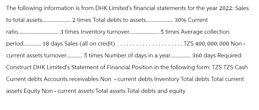 The following information is from DHK Limited's financial statements for the year 2022: Sales
to total assets......................2 times Total debts to assets.....................30% Current
ratio...............
3 times Inventory turnove........................5 times Average collection
period... 18 days Sales (all on credit)
.TZS 400,000,000 Non-
current assets turnover.…............5 times Number of days in a yea............... 360 days Required:
Construct DHK Limited's Statement of Financial Position in the following form: TZS TZS Cash
Current debts Accounts receivables Non - current debts Inventory Total debts Total current
assets Equity Non - current assets Total assets Total debts and equity