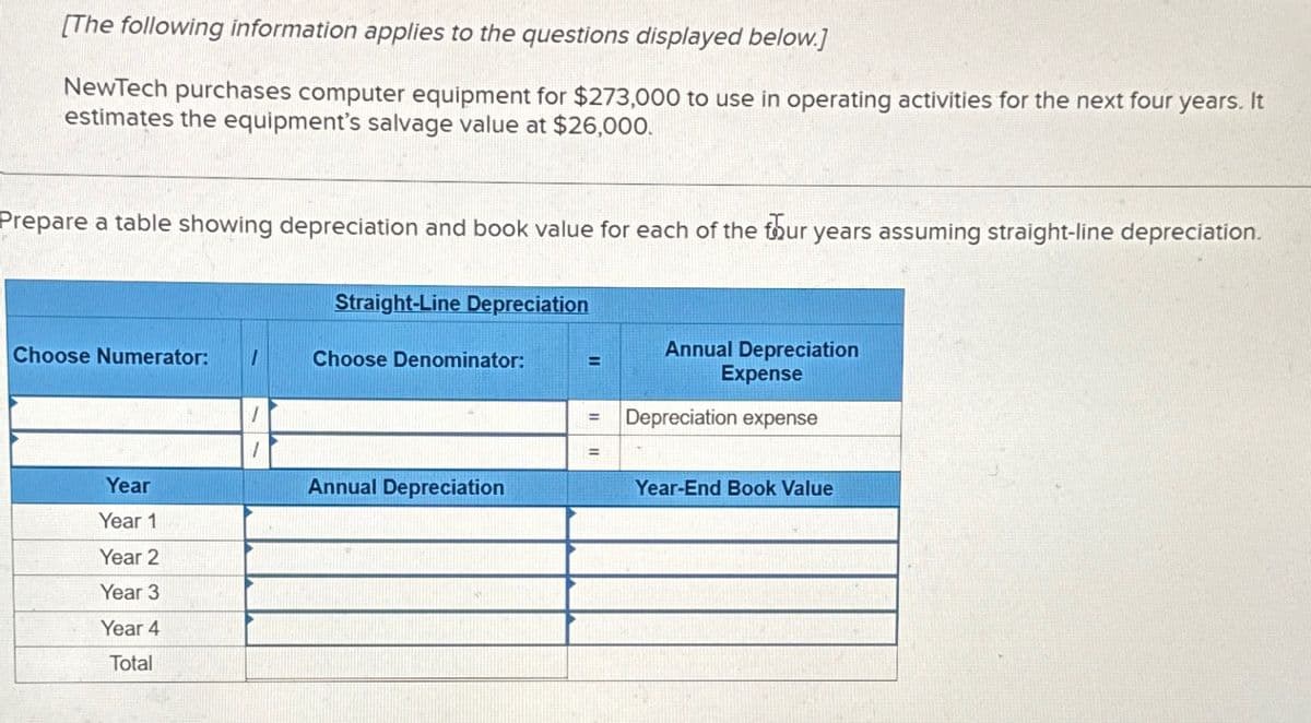[The following information applies to the questions displayed below.]
NewTech purchases computer equipment for $273,000 to use in operating activities for the next four years. It
estimates the equipment's salvage value at $26,000.
Prepare a table showing depreciation and book value for each of the four years assuming straight-line depreciation.
Straight-Line Depreciation
Choose Numerator:
Choose Denominator:
Year
Annual Depreciation
Year 1
Year 2
Year 3
Year 4
Total
=
Annual Depreciation
Expense
=
Depreciation expense
=
Year-End Book Value