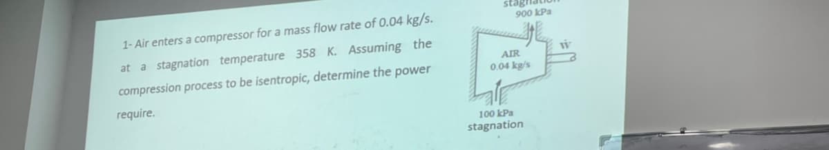 stagi
900 kPa
1- Air enters a compressor for a mass flow rate of 0.04 kg/s.
at a stagnation temperature 358 K. Assuming the
AIR
compression process to be isentropic, determine the power
0.04 kg/s
require.
100 kPa
stagnation
