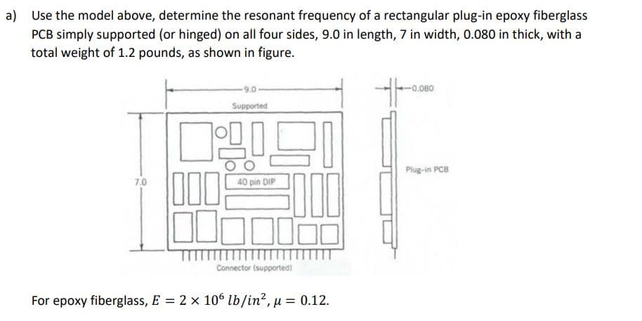 a) Use the model above, determine the resonant frequency of a rectangular plug-in epoxy fiberglass
PCB simply supported (or hinged) on all four sides, 9.0 in length, 7 in width, 0.080 in thick, with a
total weight of 1.2 pounds, as shown in figure.
7.0
-9.0-
Supported
000 000
0000000
40 pin DIP
Connector (supported)
For epoxy fiberglass, E = 2 x 106 lb/in², μ = 0.12.
-0.080
Plug-in PCB