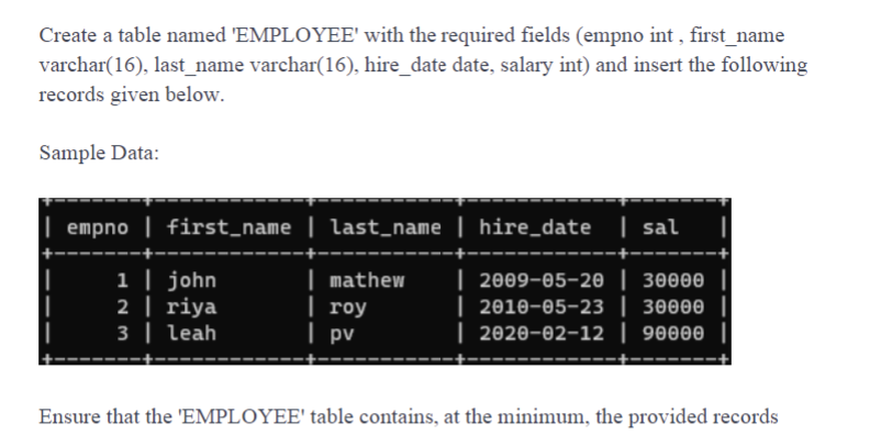 Create a table named 'EMPLOYEE' with the required fields (empno int, first_name
varchar(16), last_name varchar(16), hire_date date, salary int) and insert the following
records given below.
Sample Data:
empno | first_name | last_name | hire_date | sal
1 | john
| mathew
| 2009-05-20 | 30000
2 | riya
| roy
| 2010-05-23 | 30000 ||
2020-02-12 | 90000 ||
3 | Leah
| pv
|
Ensure that the 'EMPLOYEE' table contains, at the minimum, the provided records