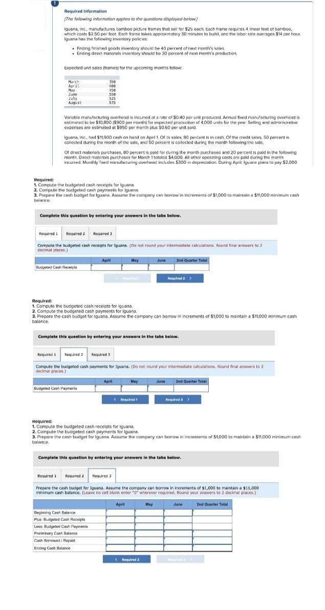 Required information
[The following information applies to the questions displayed below]
Iguana, Inc., manufactures bamboo picture frames that sell for $25 each. Each frame requires 4 linear feet of bamboo,
which costs $2.50 per foot. Each frame takes approximately 30 minutes to build, and the labor rate averages $14 per hour.
Iguana has the following inventory policies:
.Ending finished goods inventory should be 40 percent of next month's sales.
.Ending direct materials inventory should be 30 percent of next month's production.
Expected unit sales (frames) for the upcoming months follow:
March
April
May
June
July
August
Variable manufacturing overhead is incurred at a rate of $0.40 per unit produced. Annual fixed manufacturing overhead is
estimated to be $10,800 ($900 per month) for expected production of 4,000 units for the year. Selling and administrative
expenses are estimated at $950 per month plus 50.60 per unit sold.
Iguana, Inc., had $11,900 cash on hand on April 1. Of its sales, 80 percent is in cash. Of the credit sales, 50 percent is
collected during the month of the sale, and 50 percent is collected during the month following the sale.
350
480
450
550
525
575
Of direct materials purchases, 80 percent is paid for during the month purchased and 20 percent is paid in the following.
month. Direct materials purchases for March 1 totaled $4,000. All other operating costs are paid during the month
incurred. Monthly fixed manufacturing overhead includes $300 in depreciation. During April, Iguana plans to pay $2,000
Required:
1. Compute the budgeted cash receipts for Iguana.
2. Compute the budgeted cash payments for Iguana.
3. Prepare the cash budget for Iguana. Assume the company can borrow in increments of $1,000 to maintain a $11,000 minimum cash
balance.
Complete this question by entering your answers in the tabs below.
Required 1 Required 2
Required 3
Compute the budgeted cash receipts for Iguana. (Do not round your intermediate calculations. Round final answers to 2
decimal places.)
Budgeted Cash Receipts.
April
Budgeted Cash Payments
May
Required 1
Required:
1. Compute the budgeted cash receipts for iguana.
2. Compute the budgeted cash payments for Iguana.
3. Prepare the cash budget for iguana. Assume the company can borrow in increments of $1,000 to maintain a $11,000 minimum cash
balance.
Complete this question by entering your answers in the tabs below.
April
Beginning Cash Balance
Plus: Budgeted Cash Receipts
Less: Budgeted Cash Payments
Preliminary Cash Balance
Cash Borrowad/Repaid
Ending Cash Balance
Required 1 Required 2 Required 3
Compute the budgeted cash payments for Iguana. (Do not round your intermediate calculations. Round final answers to 2
decimal places.)
June 2nd Quarter Total
May
Required 1
Required 2 >
April
Required:
1. Compute the budgeted cash receipts for Iguana.
2. Compute the budgeted cash payments for Iguana.
3. Prepare the cash budget for Iguana. Assume the company can borrow in increments of $1,000 to maintain a $11,000 minimum cash
balance.
June 2nd Quarter Total
Complete this question by entering your answers in the tabs below.
<Required 2
Required 3 >
Required 1 Required 2 Required 3
Prepare the cash budget for Iguana. Assume the company can borrow in increments of $1,000 to maintain a $11,000
minimum cash balance. (Leave no cell blank enter "0" wherever required. Round your answers to 2 decimal places.)
May
2nd Quarter Total
June