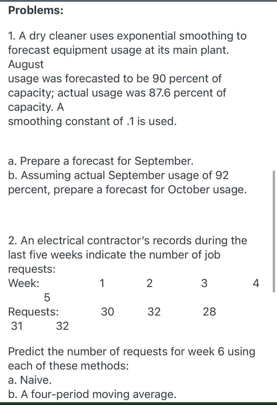 Problems:
1. A dry cleaner uses exponential smoothing to
forecast equipment usage at its main plant.
August
usage was forecasted to be 90 percent of
capacity; actual usage was 87.6 percent of
сарacity. A
smoothing constant of .1 is used.
a. Prepare a forecast for September.
b. Assuming actual September usage of 92
percent, prepare a forecast for October usage.
2. An electrical contractor's records during the
last five weeks indicate the number of job
requests:
Week:
3
4
30
32
28
Requests:
32
31
Predict the number of requests for week 6 using
each of these methods:
a. Naive.
b. A four-period moving average.
