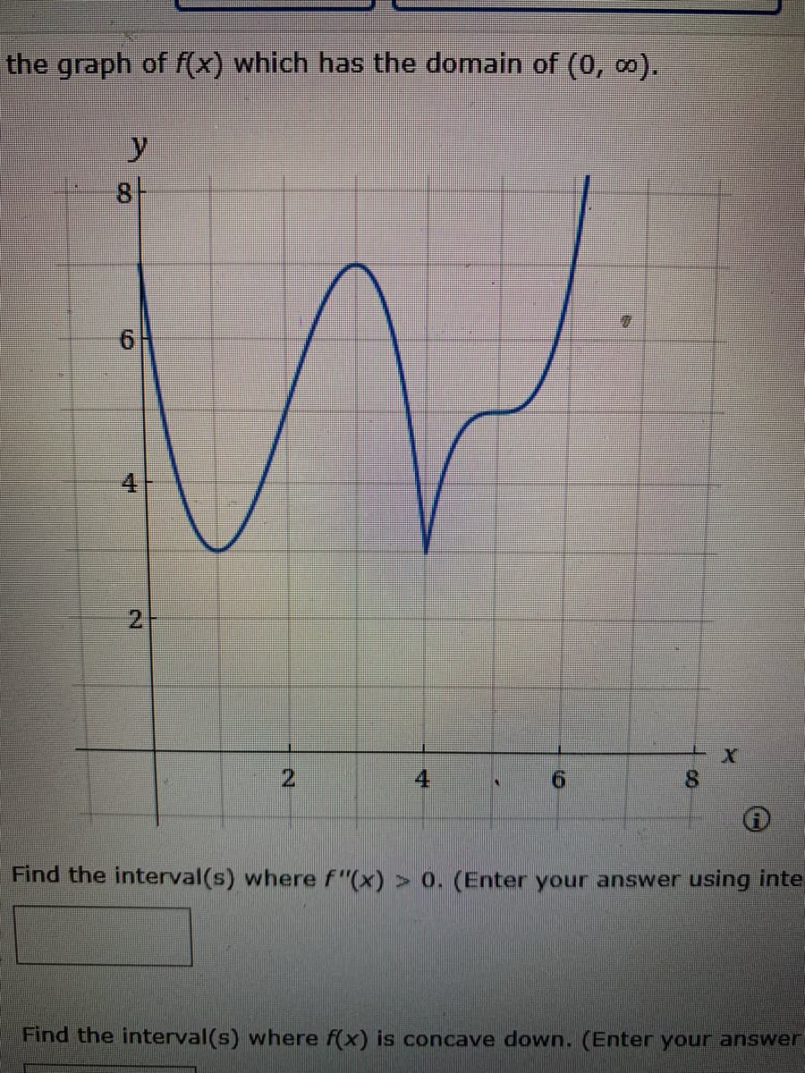 the graph of f(x) which has the domain of (0, ∞).
y
8-
6
4
2
X
2
4
6
8
Find the interval(s) where f'(x) > 0. (Enter your answer using inte
Find the interval(s) where f(x) is concave down. (Enter your answer