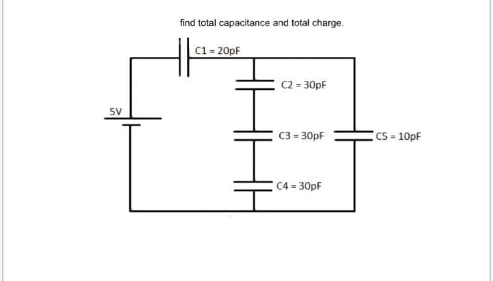 find total capacitance and total charge.
C1 = 20pF
C2 = 30pF
5V
C3 = 30pF
C5 10pF
C4 30pF
