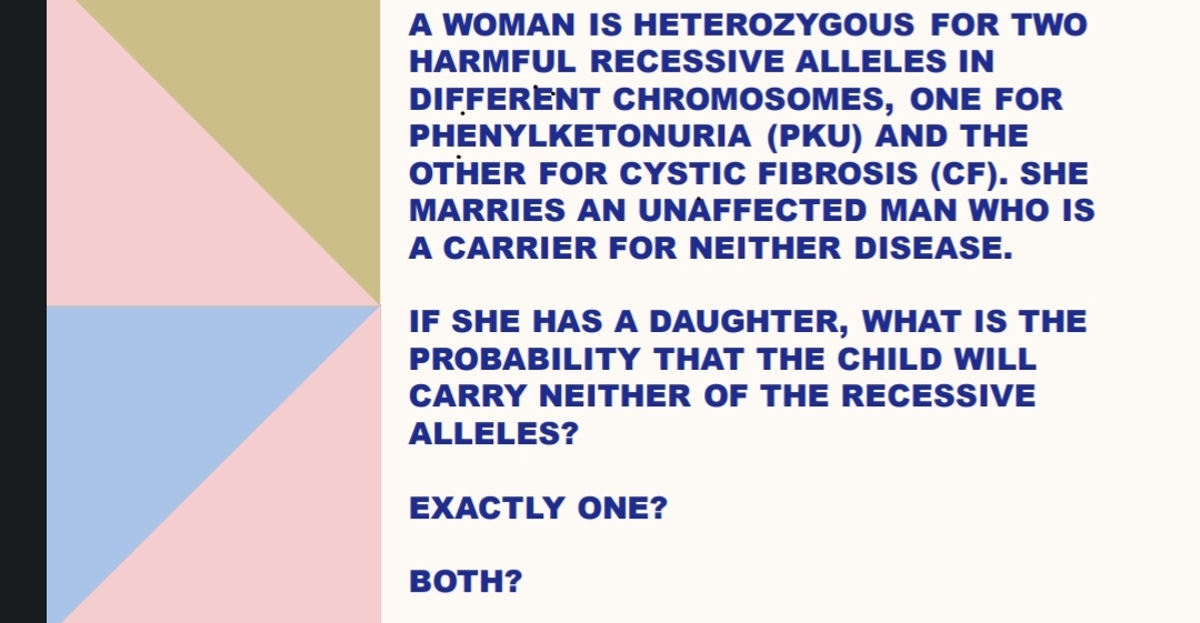 A WOMAN IS HETEROZYGOUS FOR TWO
HARMFUL RECESSIVE ALLELES IN
DIFFERENT CHROMOSOMES, ONE FOR
PHENYLKETONURIA (PKU) AND THE
OTHER FOR CYSTIC FIBROSIS (CF). SHE
MARRIES AN UNAFFECTED MAN WHO IS
A CARRIER FOR NEITHER DISEASE.
IF SHE HAS A DAUGHTER, WHAT IS THE
PROBABILITY THAT THE CHILD WILL
CARRY NEITHER OF THE RECESSIVE
ALLELES?
EXACTLY ONE?
BOTH?