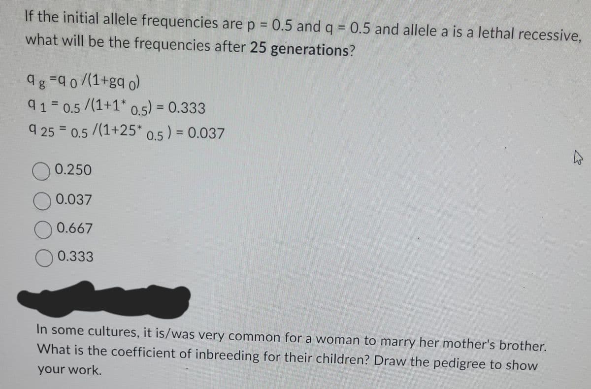 If the initial allele frequencies are p = 0.5 and q = 0.5 and allele a is a lethal recessive,
what will be the frequencies after 25 generations?
9 g =qo /(1+gq o)
9 1 = 0.5/(1+1* 0.5) = 0.333
9 25 = 0.5 /(1+25* 0.5) = 0.037
0.250
0.037
0.667
0.333
In some cultures, it is/was very common for a woman to marry her mother's brother.
What is the coefficient of inbreeding for their children? Draw the pedigree to show
your work.
4