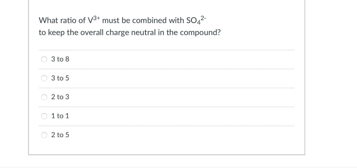 What ratio of V³+ must be combined with SO4²-
to keep the overall charge neutral in the compound?
3 to 8
3 to 5
2 to 3
1 to 1
2 to 5