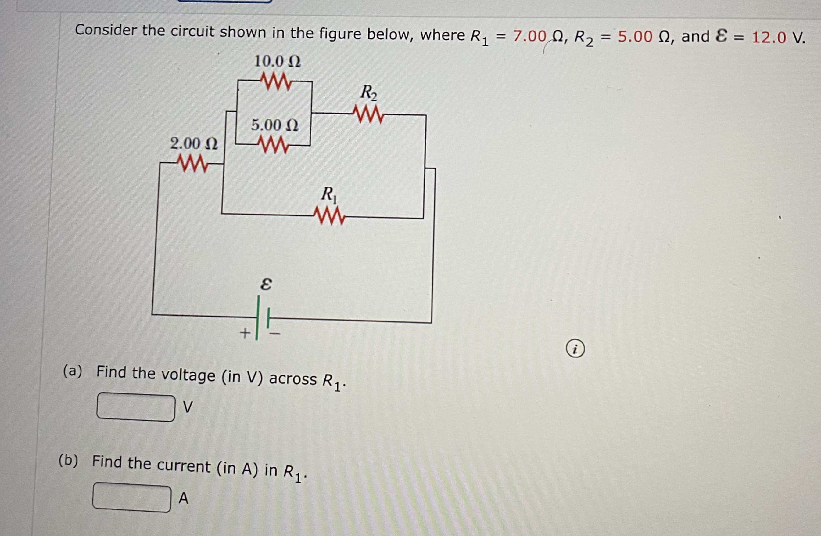 Consider the circuit shown in the figure below, where R,
= 7.00 Q, R, = 5.00 N, and Ɛ = 12.0 V.
%3D
