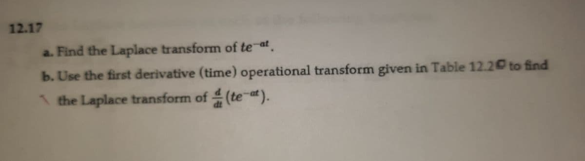 12.17
a. Find the Laplace transform of te-at.
b. Use the first derivative (time) operational transform given in Table 12.2 to find
1 the Laplace transform of (te-at).

