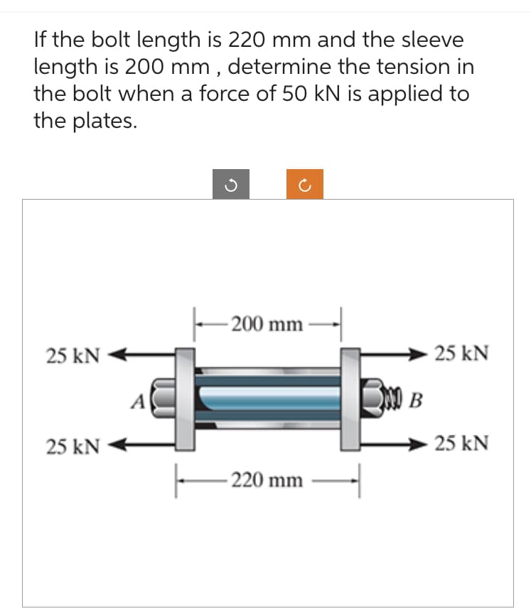 If the bolt length is 220 mm and the sleeve
length is 200 mm, determine the tension in
the bolt when a force of 50 kN is applied to
the plates.
25 kN
25 kN
-200 mm
-220 mm
E
INO B
25 kN
- 25 kN