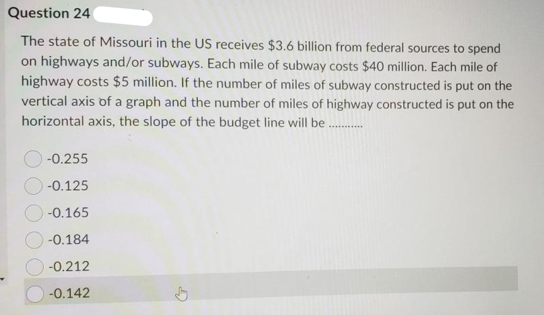 Question 24
The state of Missouri in the US receives $3.6 billion from federal sources to spend
on highways and/or subways. Each mile of subway costs $40 million. Each mile of
highway costs $5 million. If the number of miles of subway constructed is put on the
vertical axis of a graph and the number of miles of highway constructed is put on the
horizontal axis, the slope of the budget line will be
-0.255
-0.125
-0.165
-0.184
-0.212
-0.142
