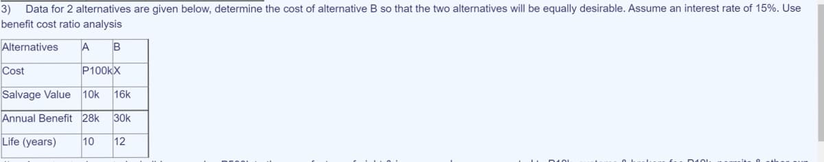 3)
Data for 2 alternatives are given below, determine the cost of alternative B so that the two alternatives will be equally desirable. Assume an interest rate of 15%. Use
benefit cost ratio analysis
Alternatives
B
Cost
P100kX
Salvage Value
10k
16k
Annual Benefit 28k
30k
Life (years)
10
12
