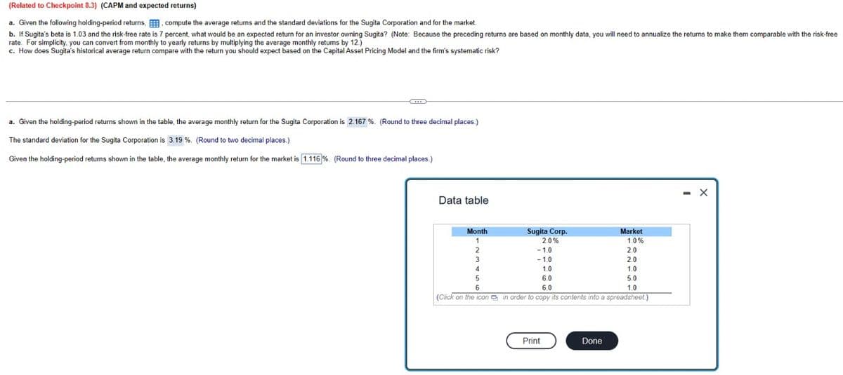 (Related to Checkpoint 8.3) (CAPM and expected returns)
a. Given the following holding-period returns, compute the average returns and the standard deviations for the Sugita Corporation and for the market.
b. If Sugita's beta is 1.03 and the risk-free rate is 7 percent, what would be an expected return for an investor owning Sugita? (Note: Because the preceding returns are based on monthly data, you will need to annualize the returns to make them comparable with the risk-free
rate. For simplicity, you can convert from monthly to yearly returns by multiplying the average monthly returns by 12.)
c. How does Sugita's historical average return compare with the return you should expect based on the Capital Asset Pricing Model and the firm's systematic risk?
a. Given the holding-period returns shown in the table, the average monthly return for the Sugita Corporation is 2.167 %. (Round to three decimal places.)
The standard deviation for the Sugita Corporation is 3.19 %. (Round to two decimal places.)
Given the holding-period returns shown in the table, the average monthly return for the market is [1.116 %. (Round to three decimal places.)
Data table
Month
1
2
3
Sugita Corp.
2.0%
-1.0
-1.0
4
1.0
6.0
5
6
6.0
(Click on the icon in order to copy its contents into a spreadsheet.)
Print
Market
1.0%
2.0
2.0
1.0
5.0
1.0
Done
X