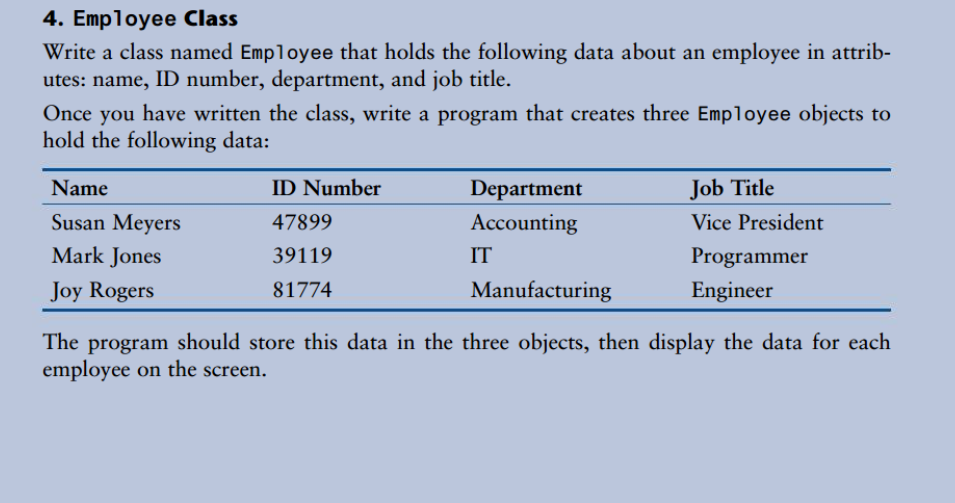 4. Employee Class
Write a class named Employee that holds the following data about an employee in attrib-
utes: name, ID number, department, and job title.
Once you have written the class, write a program that creates three Employee objects to
hold the following data:
Name
ID Number
Department
Job Title
Susan Meyers
47899
Accounting
Vice President
Mark Jones
39119
IT
Programmer
Joy Rogers
81774
Manufacturing
Engineer
The program should store this data in the three objects, then display the data for each
employee on the screen.
