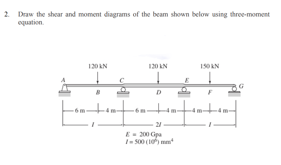 Draw the shear and moment diagrams of the beam shown below using three-moment
equation.
120 kN
120 kN
150 kN
A
C
E
В
D
F
6 m-
4 m-
6 m-
-4 m
-4 m-
-4 m
I
21
E = 200 Gpa
I = 500 (106) mm4
2.
