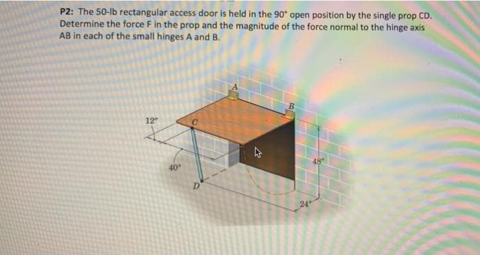 P2: The 50-lb rectangular access door is held in the 90° open position by the single prop CD.
Determine the force F in the prop and the magnitude of the force normal to the hinge axis
AB in each of the small hinges A and B.
12"
40"
C
2
B
48