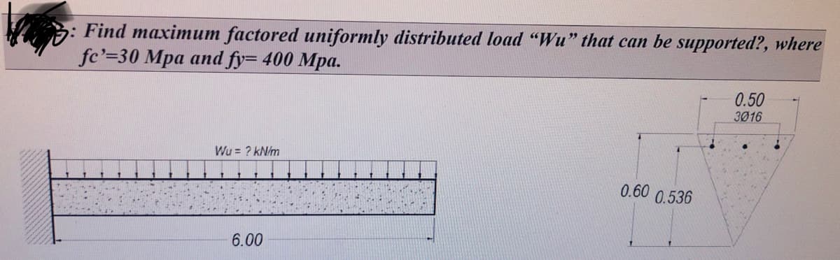 Find maximum factored uniformly distributed load "Wu" that can be supported?, where
fe'=30 Mpa and fy= 400 Mpa.
Wu= ? kN/m
6.00
0.60 0.536
0.50
3016
