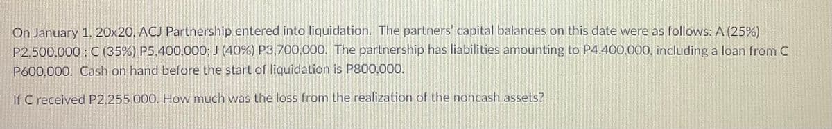 On January 1. 20x20, ACJ Partnership entered into liquidation. The partners' capital balances on this date were as follows: A (25%)
P2.500,000: C (35%) P5.400.000; J (40%) P3,700,000. The partnership has liabilities amounting to P4.400.000, including a loan from C
P600.000. Cash on hand before the start of liquidation is P800,000.
If C received P2.255.000. How much was the loss from the realization ol the noncash assets?
