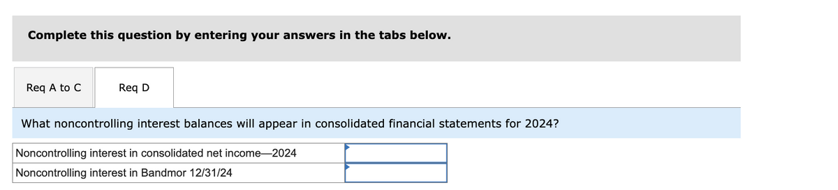 Complete this question by entering your answers in the tabs below.
Req A to C
Req D
What noncontrolling interest balances will appear in consolidated financial statements for 2024?
Noncontrolling interest in consolidated net income-2024
Noncontrolling interest in Bandmor 12/31/24