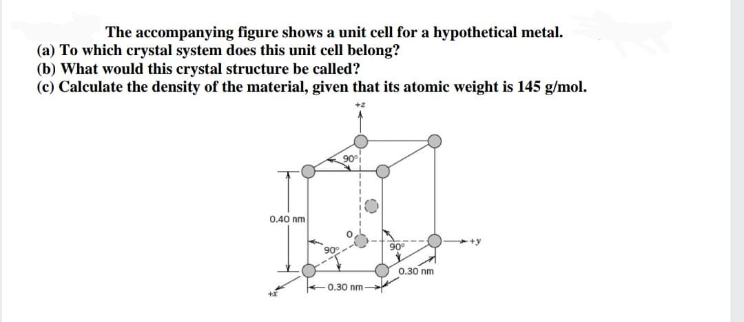 The accompanying figure shows a unit cell for a hypothetical metal.
(a) To which crystal system does this unit cell belong?
(b) What would this crystal structure be called?
(c) Calculate the density of the material, given that its atomic weight is 145 g/mol.
+2
90°i
0.40 nm
+y
90°
90°
0.30 nm
0.30 nm
+X
