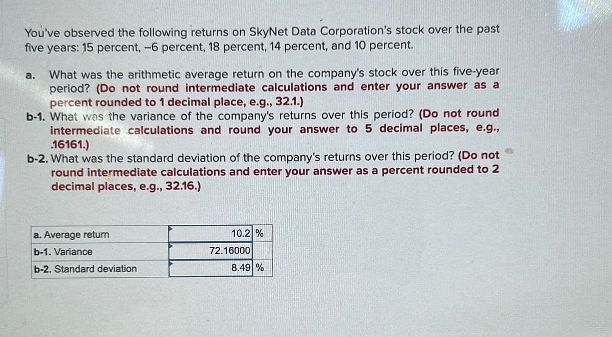 You've observed the following returns on SkyNet Data Corporation's stock over the past
five years: 15 percent, -6 percent, 18 percent, 14 percent, and 10 percent.
a. What was the arithmetic average return on the company's stock over this five-year
period? (Do not round intermediate calculations and enter your answer as a
percent rounded to 1 decimal place, e.g., 32.1.)
b-1. What was the variance of the company's returns over this period? (Do not round
intermediate calculations and round your answer to 5 decimal places, e.g.,
.16161.)
b-2. What was the standard deviation of the company's returns over this period? (Do not
round intermediate calculations and enter your answer as a percent rounded to 2
decimal places, e.g., 32.16.)
a. Average return
b-1. Variance
b-2. Standard deviation
10.2 %
72.16000
8.49 %