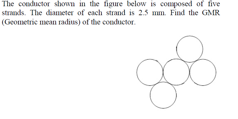 The conductor shown in the figure below is composed of five
strands. The diameter of each strand is 2.5 mm. Find the GMR
(Geometric mean radius) of the conductor.
