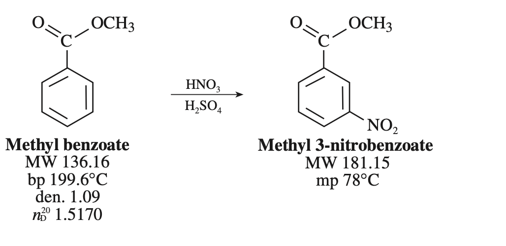 OCH3
Methyl benzoate
MW 136.16
bp 199.6°C
den. 1.09
20
n° 1.5170
HNO3
H₂SO4
OCH3
NO₂
Methyl 3-nitrobenzoate
MW 181.15
mp 78°C