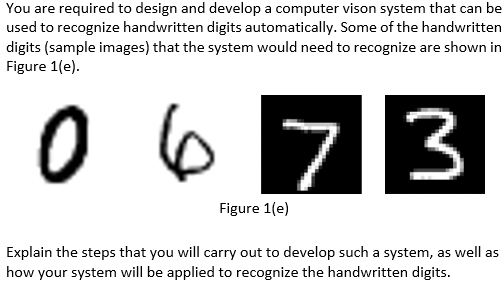 You are required to design and develop a computer vison system that can be
used to recognize handwritten digits automatically. Some of the handwritten
digits (sample images) that the system would need to recognize are shown in
Figure 1(e).
0 6
73
Figure 1(e)
Explain the steps that you will carry out to develop such a system, as well as
how your system will be applied to recognize the handwritten digits.