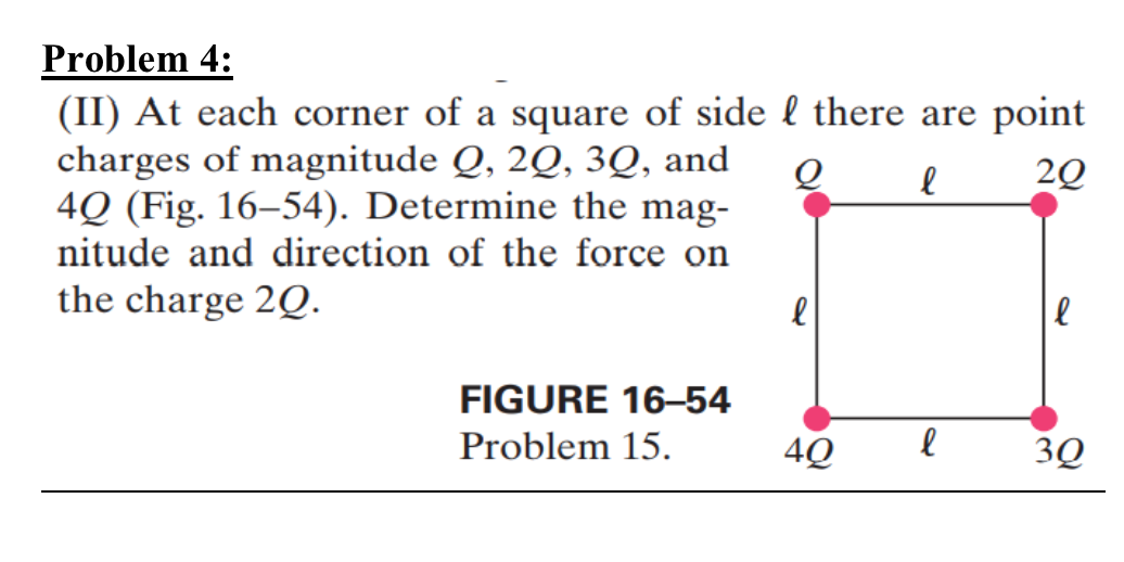Problem 4:
l
20
(II) At each corner of a square of side & there are point
charges of magnitude Q, 20, 30, and
4Q (Fig. 16-54). Determine the mag-
nitude and direction of the force on
the charge 20.
l
FIGURE 16-54
Problem 15.
4Q
l
30