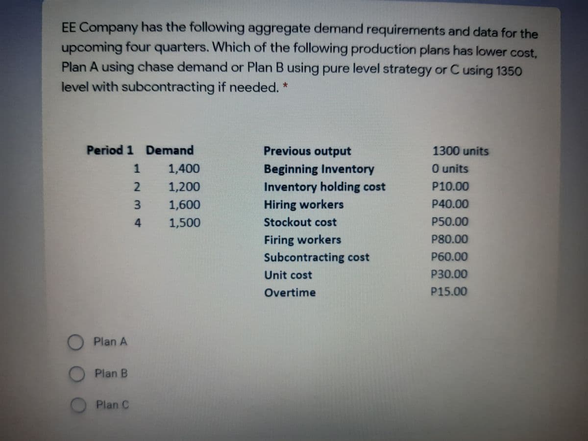 EE Company has the following aggregate demand requirements and data for the
upcoming four quarters. Which of the following production plans has lower cost,
Plan A using chase demand or Plan B using pure level strategy or C using 1350
level with subcontracting if needed. *
Period 1 Demand
Previous output
1300 units
1
1,400
Beginning Inventory
0 units
1,200
Inventory holding cost
P10.00
3.
1,600
Hiring workers
P40.00
1,500
Stockout cost
P50.00
Firing workers
Subcontracting cost
P80.00
P60.00
Unit cost
P30.00
Overtime
P15.00
Plan A
Plan B
Plan C
2m4
OOO
