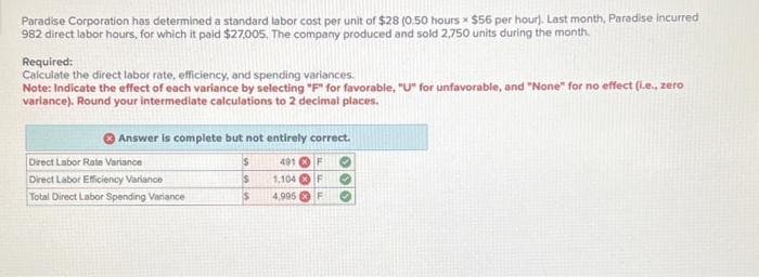 X
Paradise Corporation has determined a standard labor cost per unit of $28 (0.50 hours $56 per hour). Last month, Paradise incurred
982 direct labor hours, for which it paid $27,005. The company produced and sold 2,750 units during the month.
Required:
Calculate the direct labor rate, efficiency, and spending variances.
Note: Indicate the effect of each variance by selecting "F" for favorable, "U" for unfavorable, and "None" for no effect (1.e., zero
variance). Round your intermediate calculations to 2 decimal places.
Answer is complete but not entirely correct.
$
491
1,104
F
F
4,995 F
Direct Labor Rate Variance
Direct Labor Efficiency Variance
Total Direct Labor Spending Variance
$
$