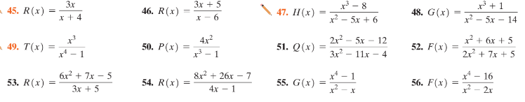 - 45. R(x)
3x
46. R(x)
Зх + 5
x - 8
48. G(x)
x +1
47. П (х)
x + 4
* - 6
x² – 5x + 6
x? — 5х — 14
2r? – 5x
3x - 11x - 4
4x2
12
x + 6x + 5
- 49. T(x)
50. P(х)
51. Q(х)
52. F(x)
%3D
x' - 1
- 1
2x + 7x + 5
6x2 + 7x - 5
&x2 + 26x – 7
X" - 1
x* – 16
55. G(x) =
53. R(x)
54. R(x)
56. F(x)
Зх + 5
4х — 1
x - x
- 2r
