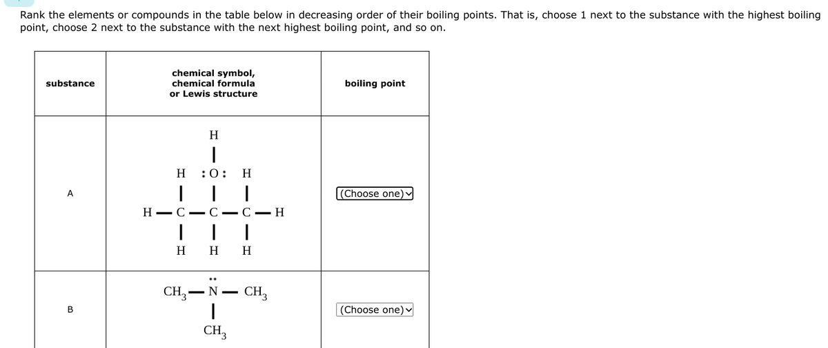 Rank the elements or compounds in the table below in decreasing order of their boiling points. That is, choose 1 next to the substance with the highest boiling
point, choose 2 next to the substance with the next highest boiling point, and so on.
substance
A
B
chemical symbol,
chemical formula
or Lewis structure
H
I
H
I
:0: H
|
HC-C-C-H
I
H
|
H H
CH₂-N-CH₂
I
CH 3
boiling point
(Choose one) ✓
(Choose one)