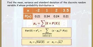 Find the mean, variance and standard deviation of the discrete random
variable X whose probability distribution is
X
-2 1 2 3.5
P(x) 0.21
0.21 0.34 0.24 0.21
H₂ = [[XX P(X)]
Var(X) = ²,= Σ (x-1). P(x)
all possible
values of
o, Var(X) or 0₂-√o₂²
COL