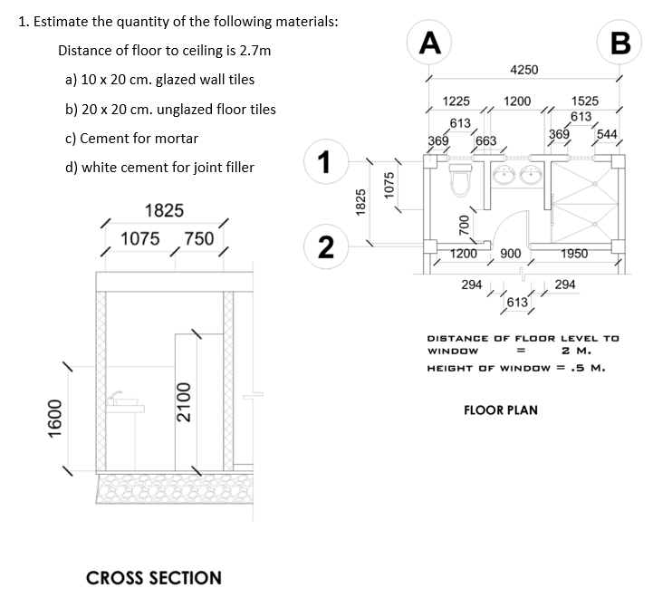 1. Estimate the quantity of the following materials:
Distance of floor to ceiling is 2.7m
a) 10 x 20 cm. glazed wall tiles
b) 20 x 20 cm. unglazed floor tiles
c) Cement for mortar
d) white cement for joint filler
1
1825
1075 750
2
1600
2100
CROSS SECTION
1825
1075
A
1225
613
369
700
663
1200
4250
1200
900
B
1525
613
369 544
1950
294
294
613
DISTANCE OF FLOOR LEVEL TO
WINDOW
2 M.
HEIGHT OF WINDOW = .5 M.
FLOOR PLAN