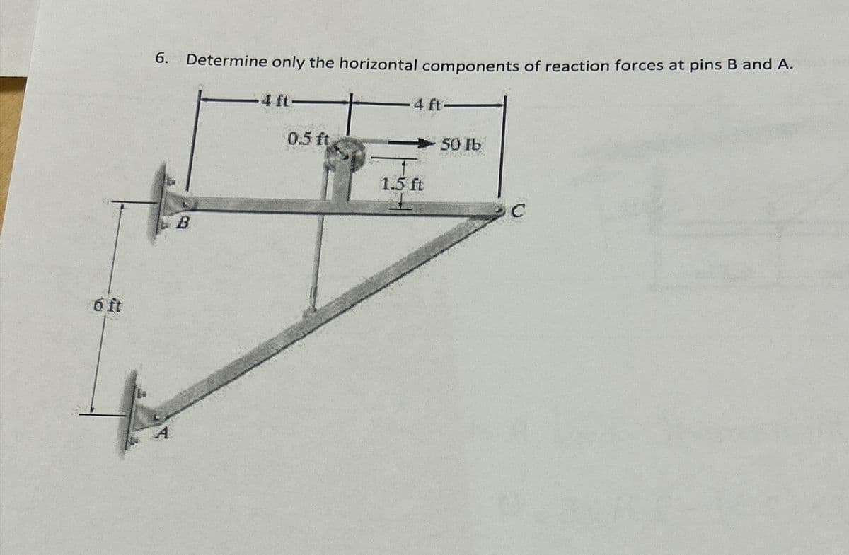 6 ft
6. Determine only the horizontal components of reaction forces at pins B and A.
-4 ft-
A
B
4 ft-
0.5 ft
50 lb
1.5 ft
C