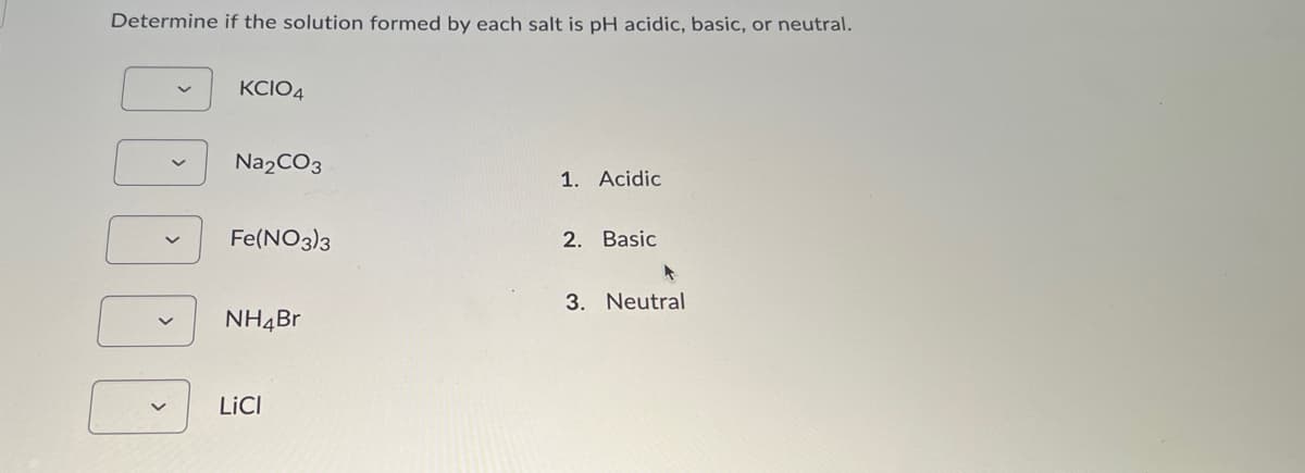 Determine if the solution formed by each salt is pH acidic, basic, or neutral.
KCIO4
Na2CO3
1. Acidic
2. Basic
Fe(NO3)3
NH4Br
LiCl
3. Neutral