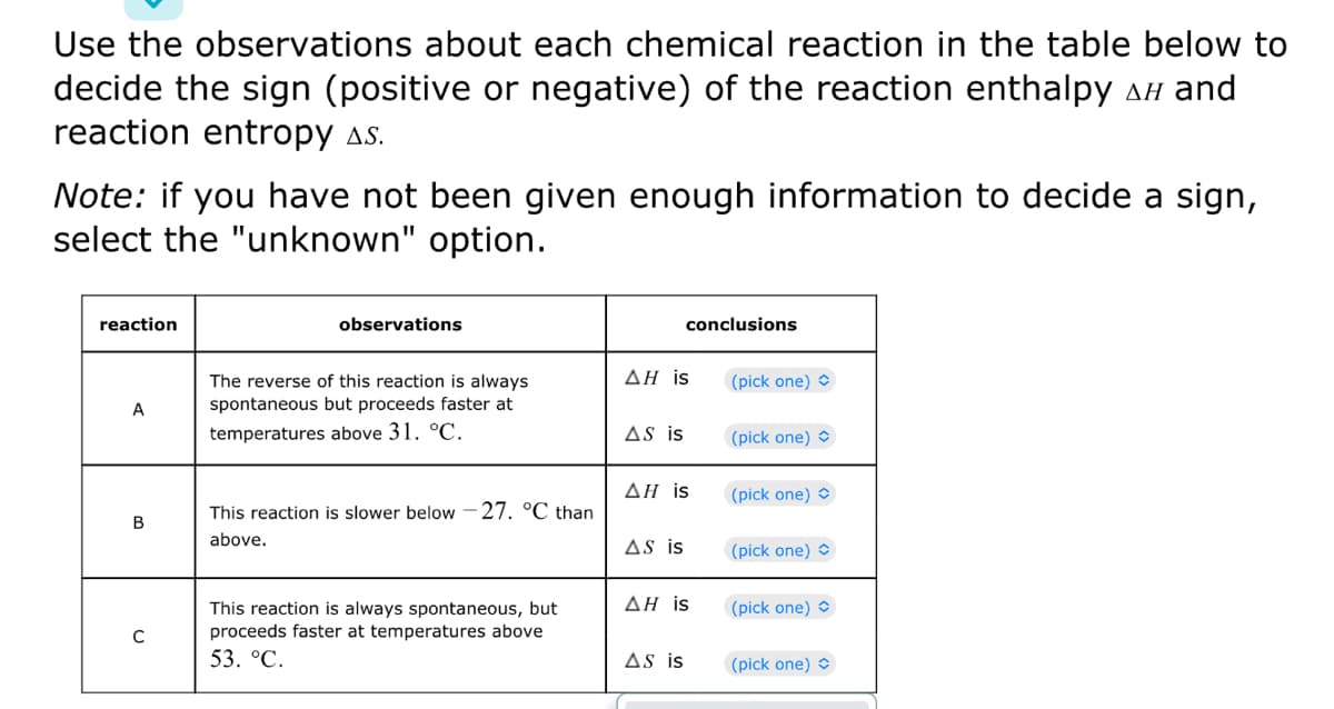 Use the observations about each chemical reaction in the table below to
decide the sign (positive or negative) of the reaction enthalpy í and
reaction entropy As.
Note: if you have not been given enough information to decide a sign,
select the "unknown" option.
reaction
A
B
C
observations
The reverse of this reaction is always
spontaneous but proceeds faster at
temperatures above 31. °C.
This reaction is slower below -27. °C than
above.
This reaction is always spontaneous, but
proceeds faster at temperatures above
53. °C.
AH is
AS is
conclusions
AH is
AS is
AH is
AS is
(pick one)
(pick one)
(pick one)
(pick one)
(pick one)
(pick one)