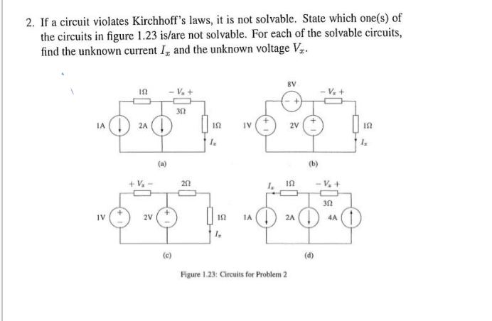 2. If a circuit violates Kirchhoff's laws, it is not solvable. State which one(s) of
the circuits in figure 1.23 is/are not solvable. For each of the solvable circuits,
find the unknown current I, and the unknown voltage V₁.
192
--
IA
2A
IV
(a)
302
(c)
152
202
1₂
IV
ΙΩ
-V₂ +
352
-6²² ): 60³²0
2V
IA
2A
4A (†
(d)
8V
Figure 1.23: Circuits for Problem 2
2V
(b)
192
1₂